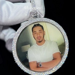 VVS Diamond Memory Necklace, 14K Solid Gold Iced out Lab Diamond Photo Pendant, Personalized RIP Hip Hop Pendant Gift For Him, Passes Tester