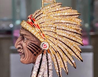 Iced Out Chief Head Pendant | Lab Grown Diamond Pendant | Hip Hop Diamond Necklace | Cuban Chain | Diamond Jewelry | Lab Diamond Pendant