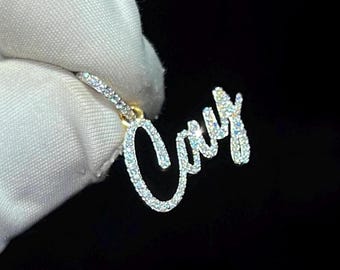 10K Gold Lab Grown Diamond Name Necklace, Personalized Pendant Necklace, Bling Name Necklace Script Name Ice Out Jewelry lab diamond pendant