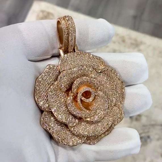 Iced Out Rose Pendant | Lab Grown Diamond Pendant | Diamond Flower Necklace | Hip Hop Pendant | Lab Diamond Jewelry | Iced Out Pendant