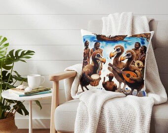 Almohada de pájaros dodo tocando instrumentos / Ilustración de playa tropical