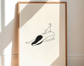 Lámina decorativa imprimible de gatos haciendo yoga, ilustración minimalista de estiramientos, dibujo lineal de mascotas adorables, decoración estética relajante, descarga digital moderna.
