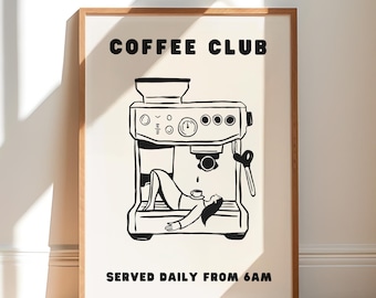 Coffee Club Wall Art Print, Hand-Drawn Espresso Machine Illustration with Girl, Cozy Kitchen ,Coffee Bar Decor, Modern Neutral Typography