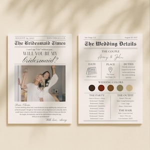 Modello Canva per proposta di matrimonio da damigella d'onore su giornale - Scheda di proposta modificabile + scheda informativa - Download immediato