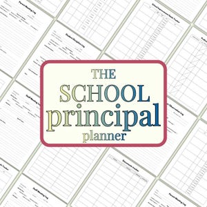 Op de afbeelding: Een digitale planner getiteld The School Principal Planner met een crèmekleurige achtergrond en een kastanjebruine rand. De tekst is in blauw en groen. De planner is omringd door diverse printbare logbladen, waaronder een vergaderlog.