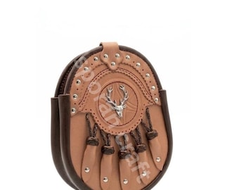 Sporran escocés de cuero marrón, semivestido, insignia de cabeza de ciervo, accesorio para kilt hecho a mano.