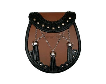 Sporran de cuero hecho a mano marrón y negro escocés Kilt Sporran con 3 borlas