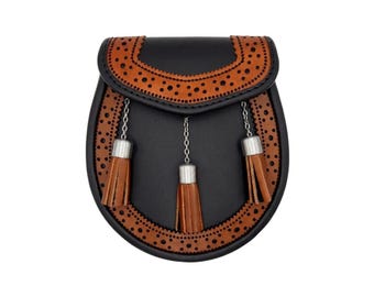 Handmade Black & Brown Leather Kilt Sporran Semi Dress with Tassels Scottish Highland Sporran