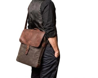Bolso bandolera de lona encerada y cuero para hombre, para portátil de 14 pulgadas, estilo vintage, para el trabajo o el trabajo.