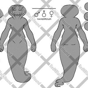 May include: A grayscale illustration of a cobra-like humanoid creature, front and back views, with additional design elements. The design includes a cobra head, arms, and a serpentine lower body. The image also features a cobra head profile, gender symbols, and circular design elements.