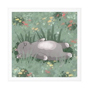 May include: A digital illustration of a gray cat with a white belly and white paws lying on its back in a field of green grass, tall blades, and small yellow and coral-colored flowers. The cat has its eyes closed and appears to be sleeping.