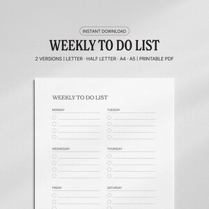 Lista de tareas semanales imprimible / Planificador semanal sencillo y rastreador de tareas (Carta · Media página · A4 · A5)