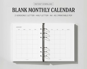 May include: A white blank monthly calendar with a binder spine, open to a January page. The calendar includes the days of the week and space for notes. Text at the top reads "BLANK MONTHLY CALENDAR" and "INSTANT DOWNLOAD".