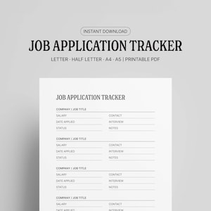 Könnte beinhalten: Ein druckbares PDF-Formular zur Job-Anwendung mit dem Titel "JOB APPLICATION TRACKER". Das Dokument enthält Felder für Unternehmen/Jobtitel, Gehalt, Bewerbungsdatum, Status, Kontakt, Vorstellungsgespräch und Notizen. Oben steht "INSTANT DOWNLOAD".