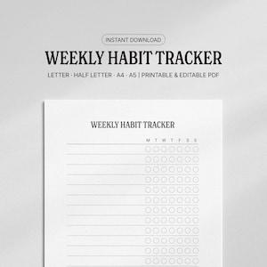 Puede incluir: Un rastreador de hábitos semanales imprimible en papel blanco. El título "WEEKLY HABIT TRACKER" se muestra en negrita, en negro. Los días de la semana se enumeran en la parte superior, con círculos para rastrear los hábitos. El texto "INSTANT DOWNLOAD" también es visible.