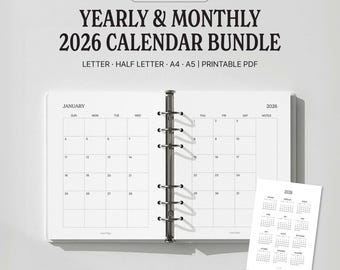 2026 Yearly Calendar & Monthly Planner | Year at a Glance Template | Printable A5 Planner Inserts