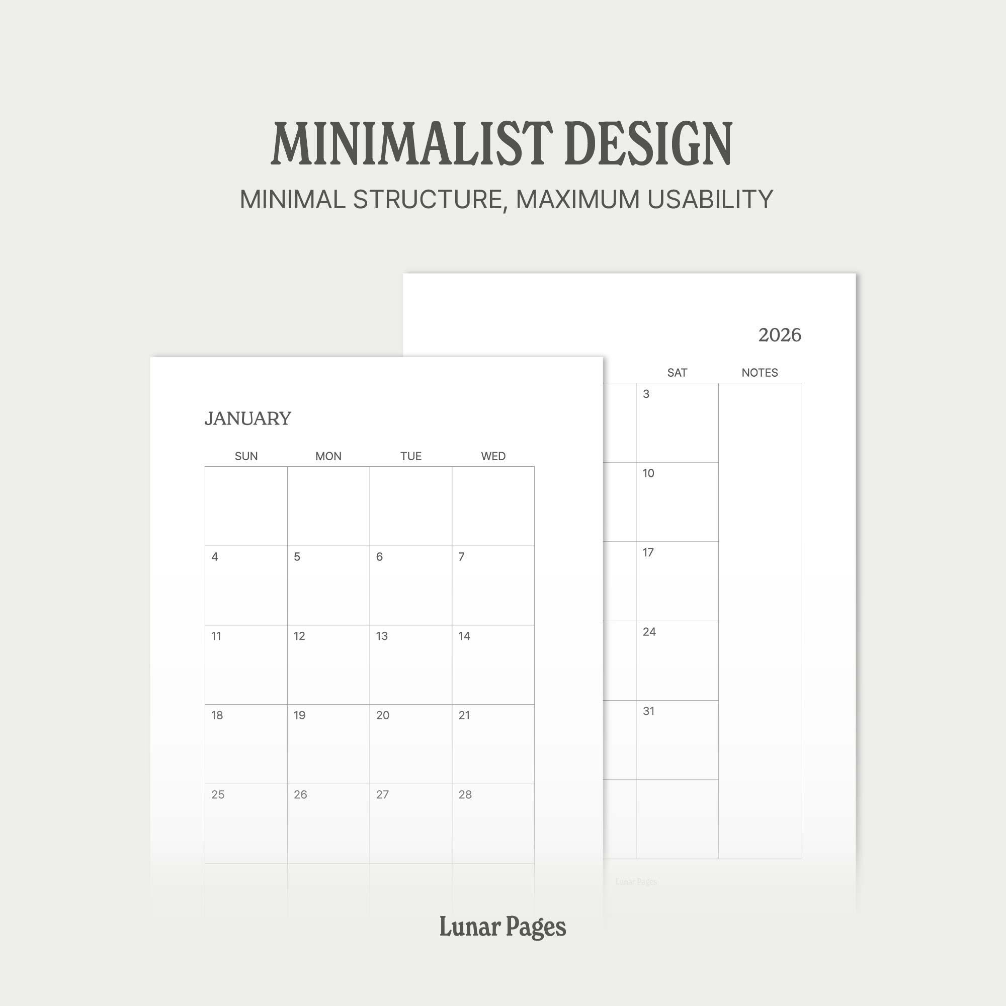 Minimalist 2026 Calendar Printable | A5 Planner Inserts | Small Monthly ...