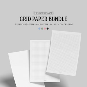 May include: A bundle of white grid paper sheets, with a light gray background. The text "GRID PAPER BUNDLE" is displayed above the sheets, with the words "INSTANT DOWNLOAD" above it. The bundle includes 5 versions, letter, half letter, A4, A5, 4 colors, and PDF.