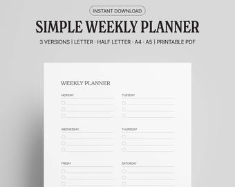 Minimalist Weekly Planner Printable | Week On One Page Productivity Task Tracker | A5 Planner Inserts