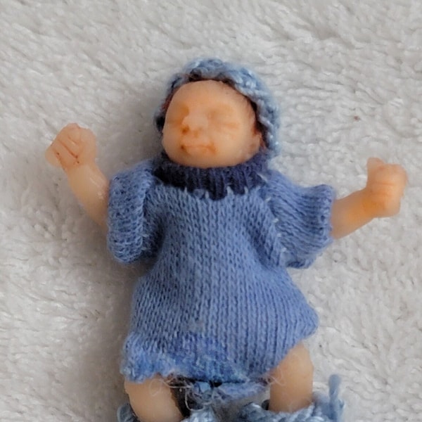 1/12th Scale Dollhouse Miniature Doll, Sleeping Baby Boy in Blue Layette, Full Body Silicone, Flexible