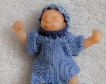 1/12th Scale Dollhouse Miniature Doll, Sleeping Baby Boy in Blue Layette, Full Body Silicone, Flexible