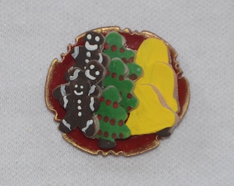 Dollhouse Miniature Christmas Food - One Inch Scale Iced Christmas Cookies - Gingerbread Man, Christmas Tree, Bell - On Plate - Removable