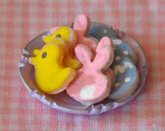 Dollhouse Miniature Easter Food - One Inch Scale Iced Easter Cookies - Chick, Bunny, Egg - On Plate - Removable