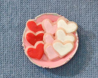 Dollhouse Miniature Food - One Inch Scale Iced Valentine Cookies - Hearts - On Plate - Removable