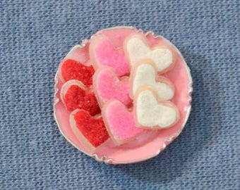 Dollhouse Miniature Food - One Inch Scale Valentine Sprinkle Cookies - Hearts - On Plate - Removable