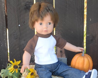 18&quot; Boy Doll Clothes For American Doll, Götz, Mme Alexander, Our Generation - Handmade Brown and White T-Shirt