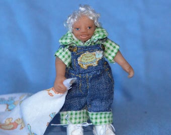 1/12 Scale Dollhouse Miniature Toddler Little Boy Doll - Handmade OOAK Polymer Clay - Posable with Curly, White Hair - Trevor Lawrence