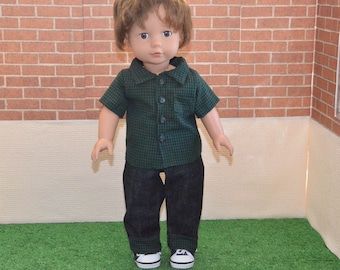 18" Boy Doll Clothes - Green and Black Check Outfit - Jeans, Shirt - Handmade - Fits American Doll, Götz, Madame Alexander, Our Generation
