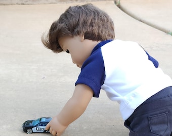 18" Boy American Doll Clothes - Also Fits Götz, Mme Alexander, Our Generation - Navy and White T-Shirt - Handmade