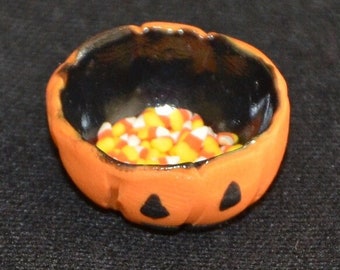 Dollhouse Miniature Halloween Food - One Inch Scale Candy Corn - In Jack O Lantern Bowl - Removable
