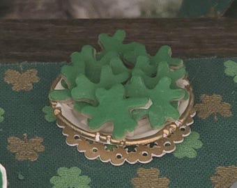 Dollhouse Miniature Food - One Inch Scale Iced St. Patrick&#39;s Day Cookies - Shamrocks - On Plate - Removable