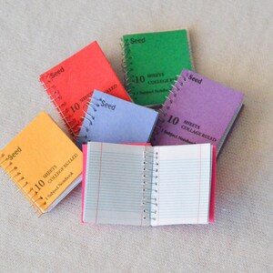 May include: A collection of six small, colorful notebooks with spiral bindings. Each notebook has the word "Seed" printed on the cover and says "10 sheets college ruled" or "10 sheets collage ruled".