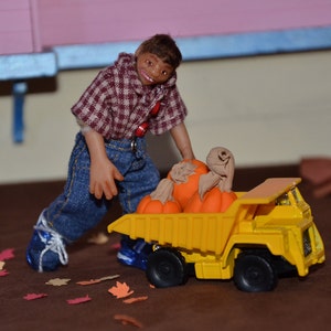 1/12 Scale Dollhouse Miniature Posable Boy Doll with Dump Truck and Pumpkins - Handmade OOAK Polymer Clay - &quot;Charles Addison&quot;