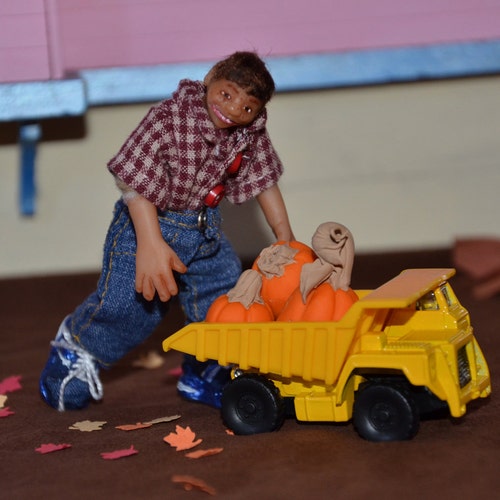 1/12 Scale Dollhouse Miniature Posable Boy Doll with Dump Truck and Pumpkins - Handmade OOAK Polymer on sale Clay - 