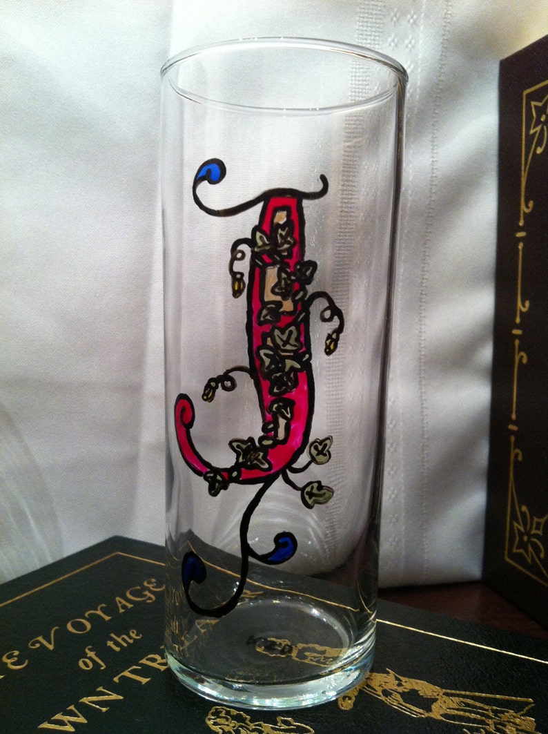 Initial J Handpainted Illumintated Letter Celtic Style 12 oz. Glass image 1