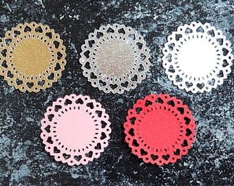 Dollhouse Miniature Paper Doilies with Heart Pattern, Set of 5: 1 Gold, 1 Silver, 1 Red, 1 Pink, and 1 White