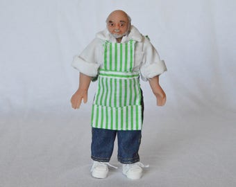 1/12 Scale Miniature Posable Shopkeeper, Market Seller Dollhouse Doll - Joe Klein the Grocer, Store Clerk - Handmade OOAK Polymer Clay