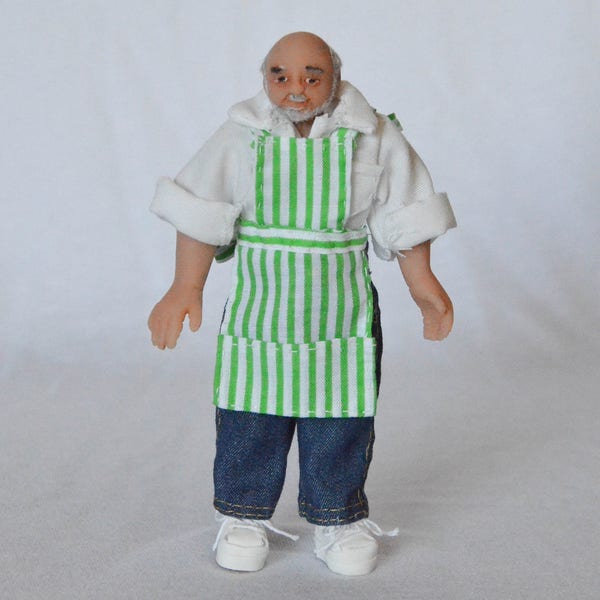 1/12 Scale Miniature Posable Shopkeeper, Market Seller Dollhouse Doll - Joe Klein the Grocer, Store Clerk - Handmade OOAK Polymer Clay