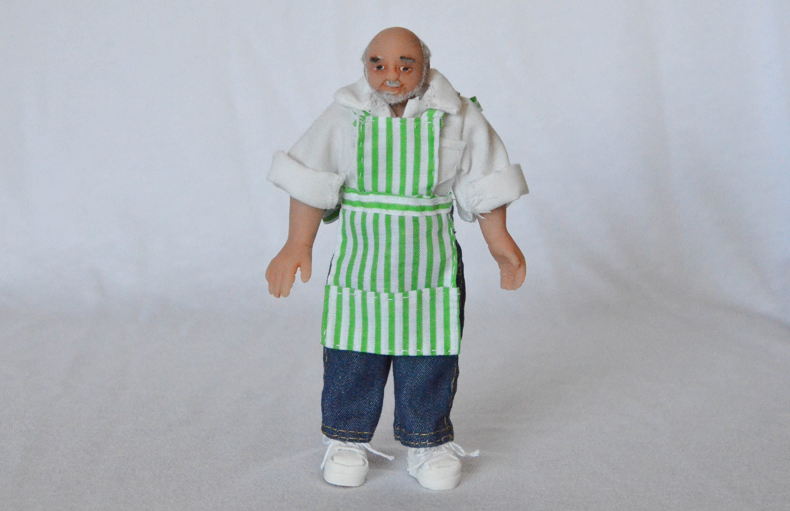 1/12 Scale Miniature Posable Shopkeeper, Market Seller Dollhouse Doll - Joe Klein the Grocer, Store Clerk - Handmade OOAK Polymer Clay