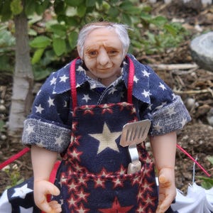 1/12 Scale Posable Dollhouse Miniature Man Griller Doll - George - Handmade OOAK Polymer Clay - With Apron and Spatula