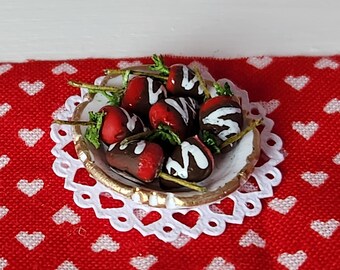 One Inch Scale Chocolate Dipped Strawberries - Dollhouse Miniature Food - Mini Valentine Treat - Removable - On Plate