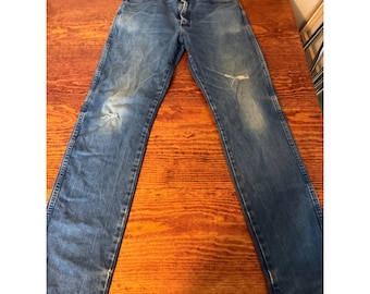 Wrangler Jeans Mens 34x32 Blue Vintage Distressed Straight Leg Denim USA Made