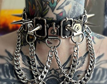Vegan Leder Metall Spike Edelstahl Silber Kette Choker, Gothic Punk Halsband
