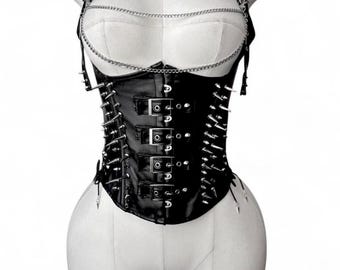 Black Spiked Faux Leather Corset - Custom Gothic Rave Waist Cincher with stainless chains