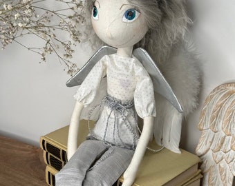 Art Cloth Doll Weihnachtsdeko, Engel Grau, OOAK