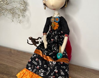 OOAK Art cloth portrait doll Frida Kahlo, home decor, collectible doll